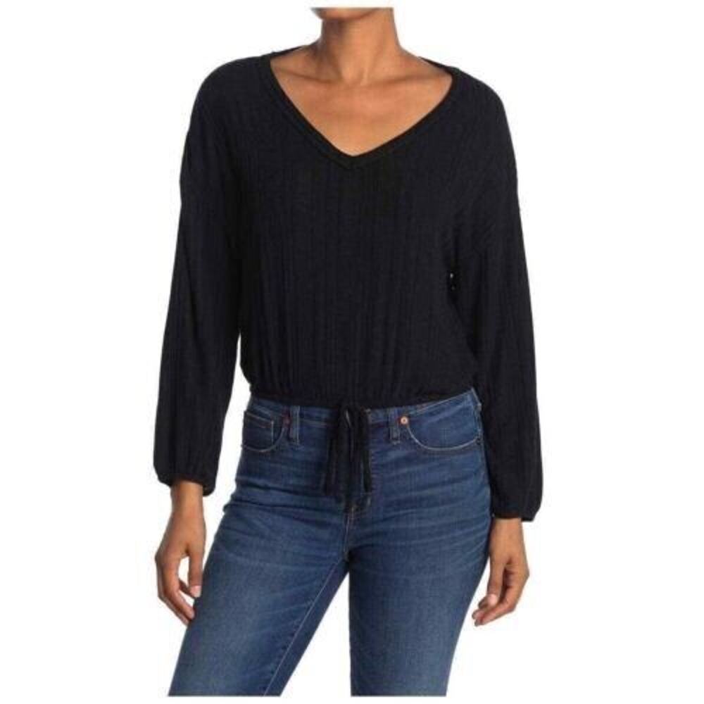 White‎ Willow Women's Long Sleeve Ribbed Drawstring Hem Top In Navy Medium $78